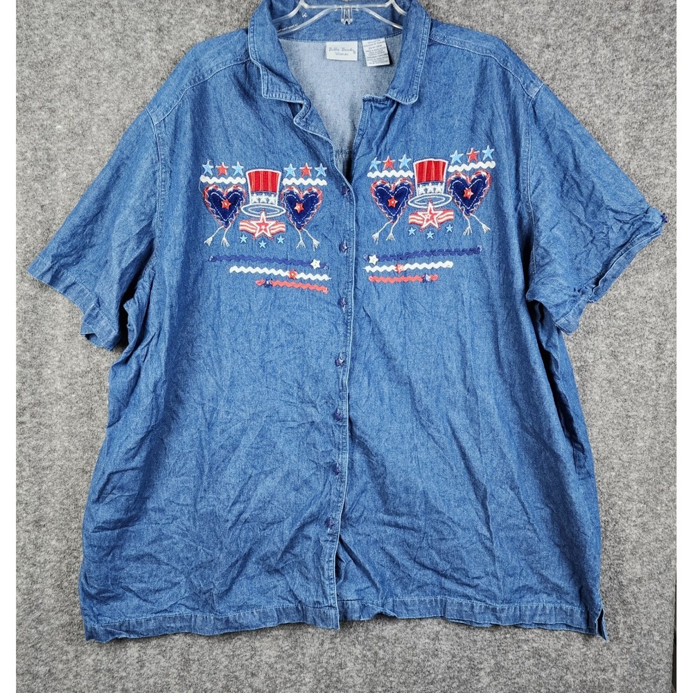 Bobbie Brooks Denim Shirt Women 26W/28W Blue Patriotic Americana Star Button